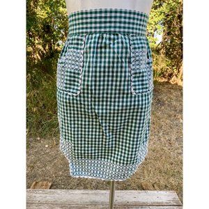 Vintage Half Apron Green Gingham Checked Smocked Apron Farmhouse
